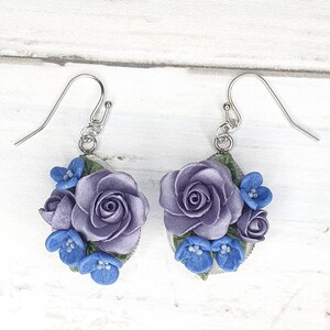 Polymer clay Earrings purple blue lavendar floral roses flowers teardrop gift for her