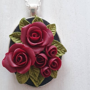 Necklace Large polymer clay red roses floral flower black oval pendant necklace- romantic woman gift