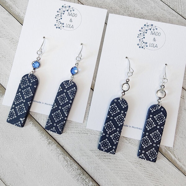 Earrings Moroccan/Turkish/Mediterranean/ Spanish dangle arabesque navy blue  polymer clay gifts for her