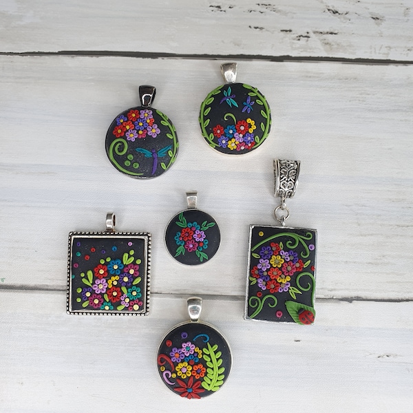 Pendant Necklace polymer embroidery clay floral flower dragonfly colorful black ladybug woman gifts for her