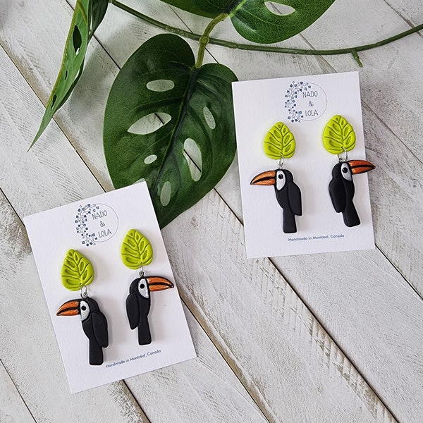 Earrings dangle: hand painted  toucan bird/tropical forest/summer vibe jewelry/polymer clay gifts for her