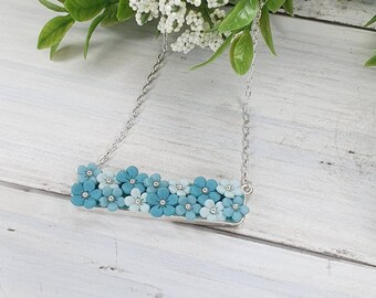 Necklace floral flower small tiny minature shade of blue pastel baby-blue delicate rectangle pendant  polymer clay jewelry gift idea