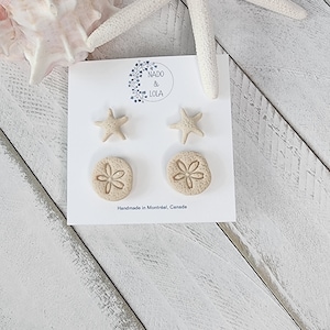 Earrings stud set of 2/ sand dollar, star fish/sand beige/polymer clay minimalist earrings/gift for her