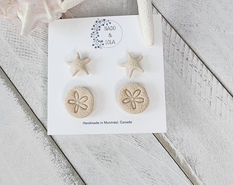 Earrings stud set of 2/ sand dollar, star fish/sand beige/polymer clay minimalist earrings/gift for her