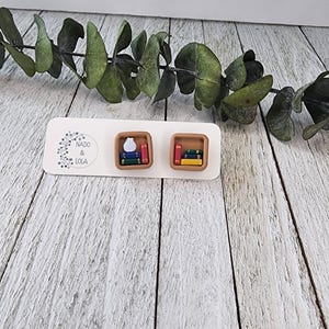 May include: A pair of brown and white bookshelf earrings with colourful books. The earrings are made of polymer clay and are approximately 2.5 cm in diameter.