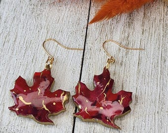 Handmade Fall Maple Leaf Earrings, Polymer Clay Dangle Earrings, Autumn Jewelry, Nature Inspired Earrings
