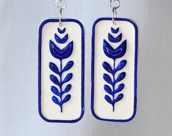 Earrings dangle -Amsterdam delft like style- indigo blue tulip-polymer clay gift for her