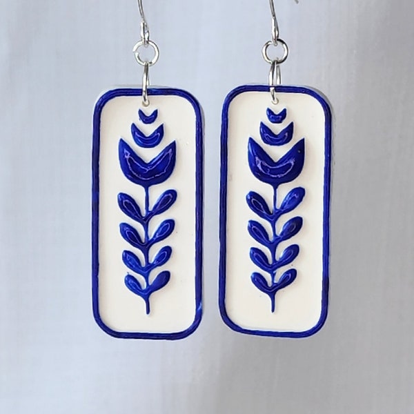 Earrings dangle -Amsterdam delft like style- indigo blue tulip-polymer clay gift for her