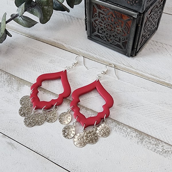 Earrings Moroccan/Turkish/Mediterranean shimmy dangle arabesque red and silver coin polymer clay gifts for her