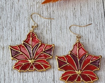 Handmade Fall Maple Leaf Earrings, Polymer Clay Dangle Earrings, Autumn Jewelry, Nature Inspired Earrings, glass stained
