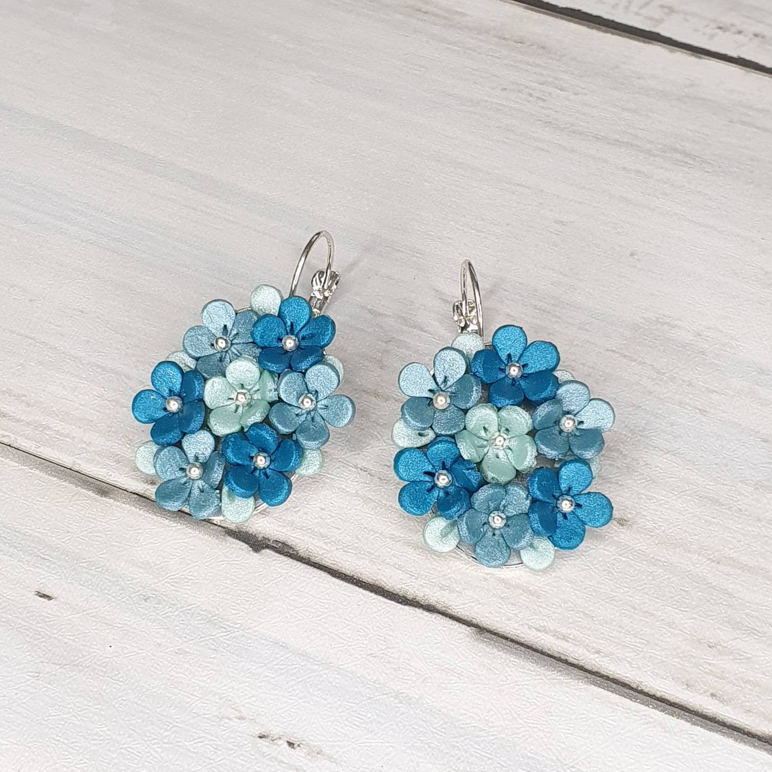 Earrings small flowers blues teal peacock blue turquoise polymer clay feminine gift for her