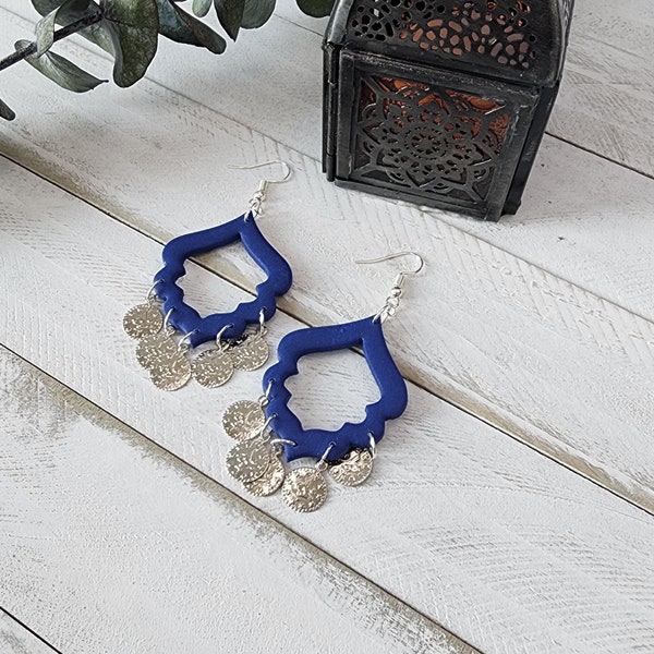 Earrings Moroccan/Turkish/Mediterranean shimmy dangle arabesque navy blue and silver coin polymer clay gifts for her