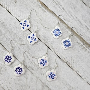 Handmade floral tile like small dangle earrings dangle -floral design details-polymer clay gift for her