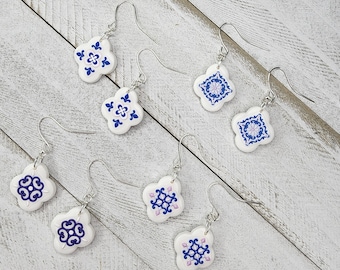 Handmade floral tile like small dangle earrings dangle -floral design details-polymer clay gift for her