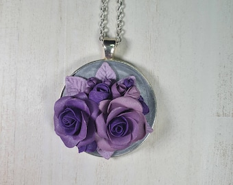 Necklace purple lavendar Large polymer clay roses floral flower pendant- romantic woman gift