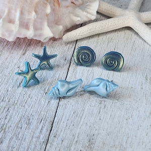 Handmade Polymer Clay Sea Shell Earrings, Star Fish Earrings, Summer Beach Dangle, Ocean Jewelry, Beach Lover Gift