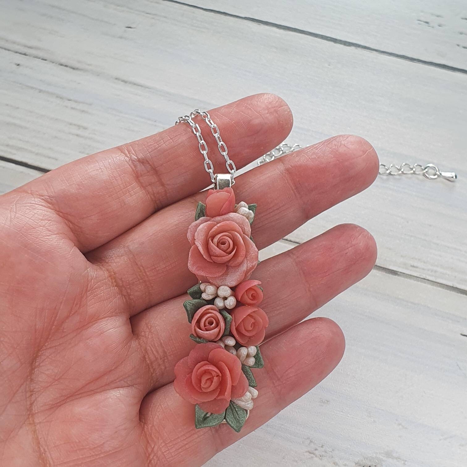 Necklace Small Tiny Minature Pink Peach Vintage Roses