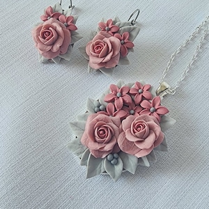 Necklace and earrings set: flower roses pastel gray-grey and pink-vintage- large polymer clay floral pendant - romantic woman gift