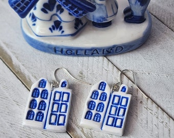 Faux Delft Style Canal House Earrings, Blue and White Earrings, Netherlands Inspired Jewelry, Dutch Style Earrings