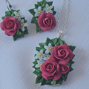 Necklace and earrings set: flower roses pink-vintage- large polymer clay floral pendant - romantic woman gift