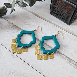 Earrings Moroccan/Turkish/Mediterranean shimmy dangle arabesque teal and golden coin polymer clay gifts for her