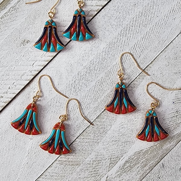 Hand-Painted Egyptian Pharaoh Papyrus Lotus Flower Earrings, Polymer Clay Jewelry, Ancient Egypt-inspired Earrings- gifts for her