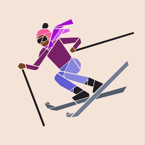 May include: A stylised illustration of a person skiing down a slope. The person is wearing a purple jacket, blue trousers, a pink hat and a purple scarf. The skis are grey and black.