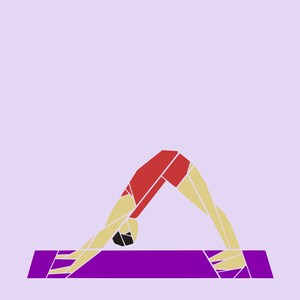 May include: A person in a red and yellow outfit performs a yoga pose on a purple mat.
