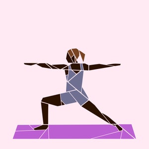 May include: A person in a blue and brown geometric pattern outfit is doing a warrior yoga pose on a purple yoga mat.