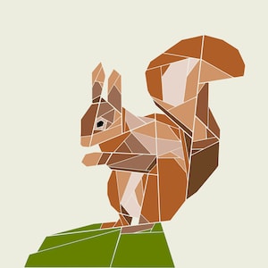 May include: A geometric illustration of a brown squirrel with a bushy tail, standing on a green platform. The squirrel is made up of many different shapes and colours, creating a unique and modern design.