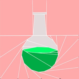 Puede incluir: Una botella de vidrio blanco con un líquido verde en su interior. La botella está sobre un fondo rosa con líneas blancas que irradian desde la botella.