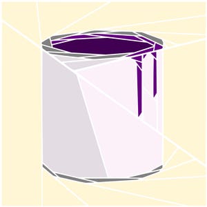 May include: A geometric illustration of a paint can. The can is primarily light purple with a dark purple interior and drips of paint. The top and bottom edges are gray. The background is a light yellow with white lines.