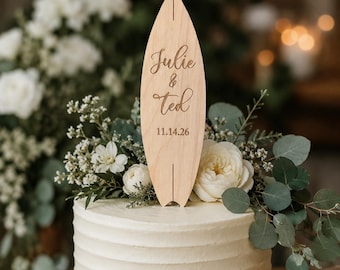 Personalized Surfboard Wedding Cake Topper, Custom Wooden Cake Topper, Beach Wedding Decor, Bridal Shower, Wedding Names & Date