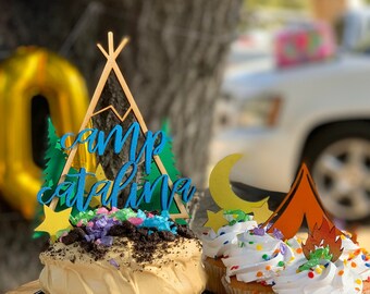 Camping Cake Topper Set | Personalized Woodland Birthday Cake Decorations | Tent Campfire Trees Mountain Topper | Adventure Birthday Party