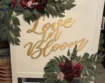 Love in Bloom Custom Wooden Words Cursive Natural Wood  Sign Love Wreath Board Dessert Table Welcome Baby Shower Birthday Home Decor