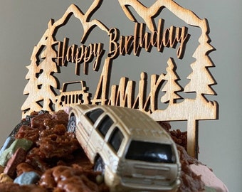 Custom The Great Outdoors Adventure Name and Birthday Natural Wood Cake Topper