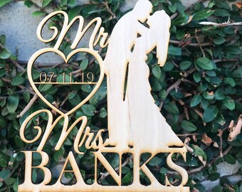 Personailzed Custom Mr and Mrs Last Name & Date Wedding Natural Wood Cake Topper Fancy Toppers Rustic and Beautiful