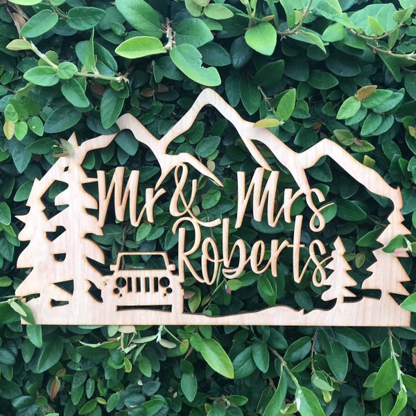 Adventure Mr and Mrs Last Name The Great Outdoors Wedding Grooms Bride Natural Raw Wood Cake Topper