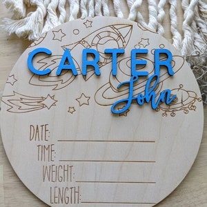 Space and Rocket Welcome 3D Hello Name Date Time Weight Length Personalized Announcement Plaque Laser Cut Wood Photo Prop Sign Design Trendy