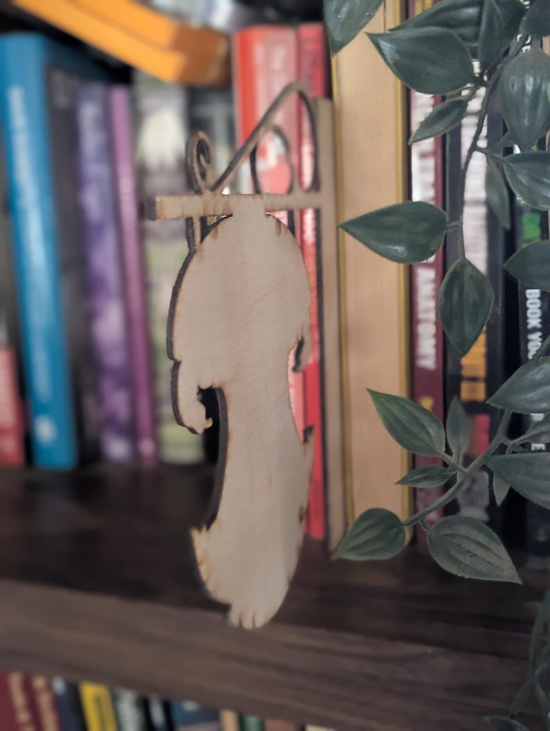 May include: A wooden sign with a blank space for text. The sign is hanging from a metal bracket and is attached to a bookshelf.
