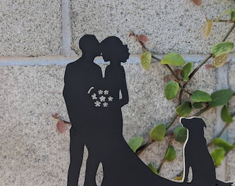 Wedding Cake Topper with Bride Groom and Dog Custom Rustic Cake Topper Silhouette Design