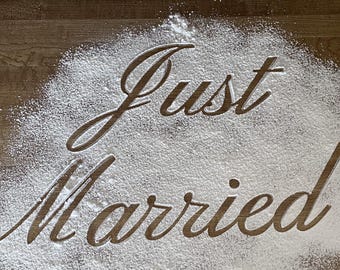 Just Married Cake Stencil | Custom Wedding Stencil | Rustic Wedding Cake Decor | 1/8 Random Pull Color Baking Stencil