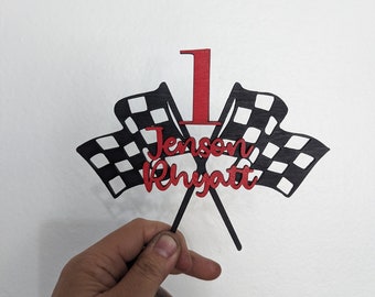 Personalized Race and Age Racer Cake Topper | Racing Flags | Racing Theme Birthday | Chequered Flag | Checkered Flag