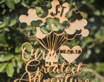 Our Greatest Adventure Up Balloons House Wedding Cake Topper With Initial Cut Outs and Date - Keepsake Wedding Balloon Cake Toppers