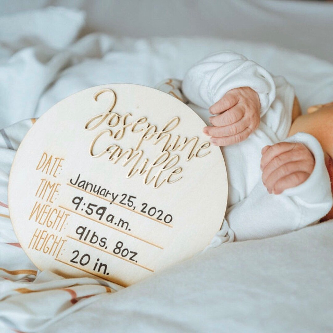 Wooden Hello World Baby Birth Announcement Sign - Newborn Details Board For Nursery Decor