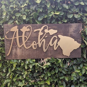 Aloha Hawaiin Island Metal on Wood Sign for Family Room Kitchen Bedroom Art Hawaii Islands Wall Style Art