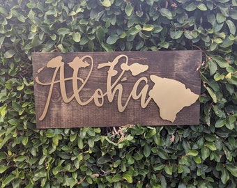 Aloha Hawaiin Island Metal on Wood Sign for Family Room Kitchen Bedroom Art Hawaii Islands Wall Style Art