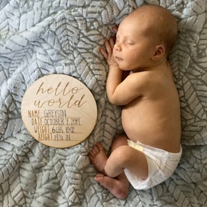 Custom Hello World Birth Name Date Height Weight Announcement Sign Newborn Photo Props New Baby Gift Nursery Baby Shower Announcement