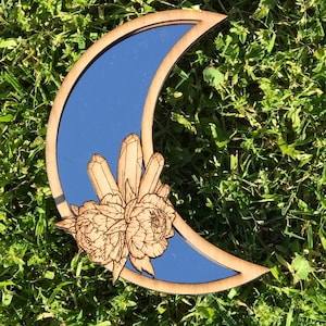Crescent Moon Wood Mirror Floral Healing Crystals Wall Art Home Decor Design
