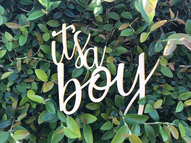 Puede incluir: Un letrero de madera con la frase "its a boy" en letras cursivas. El letrero est&aacute; hecho de madera clara y se coloca sobre un fondo de hojas verdes.